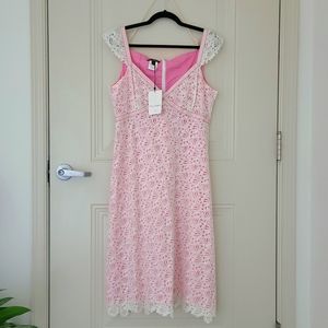Tara Jarmon Midi Dress Riviere Pink White Lace Ribbon Bow Sleeveless - size 12